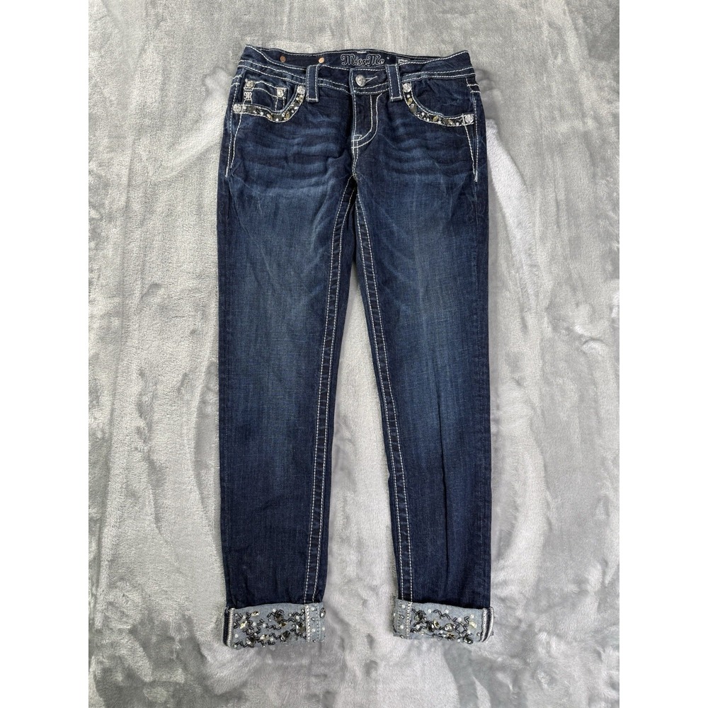 Miss Me Women's Signature Cuffed Skinny Jeans Blue Y2K Embroidered, Size 28x26